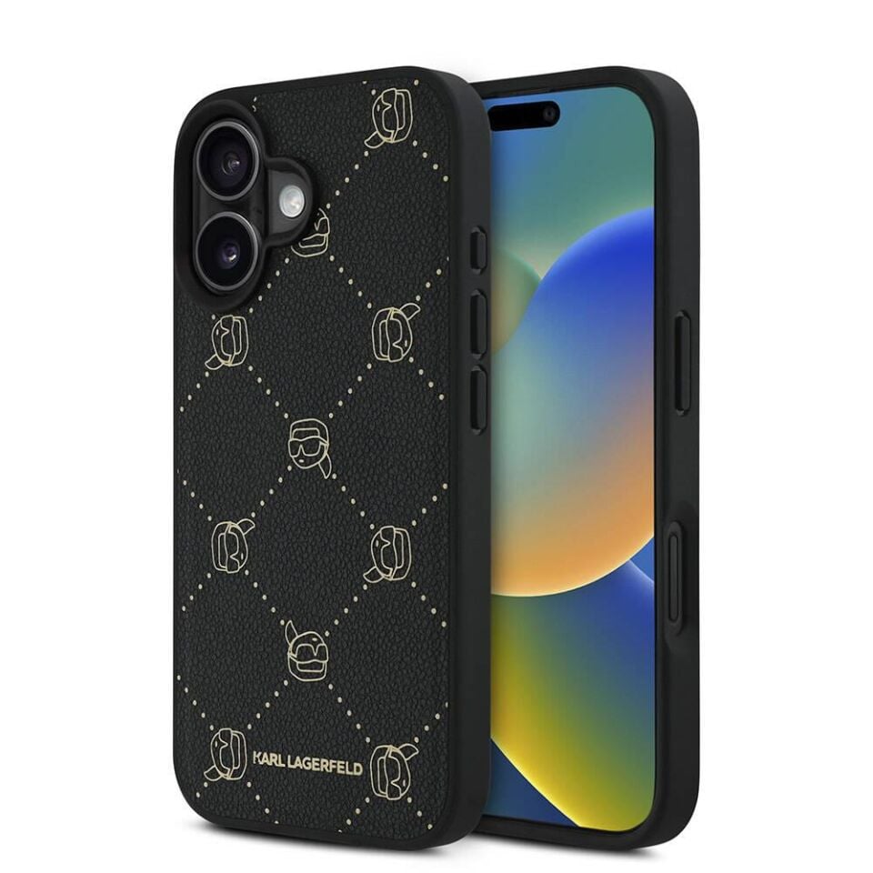 Apple iPhone 16 Kılıf Karl Lagerfeld Orijinal Lisanslı Magsafe Şarj Özellikli PU Deri Karl Heads Desenli Klasik Logolu Kapak