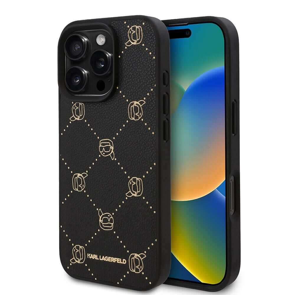 Apple iPhone 16 Pro Kılıf Karl Lagerfeld Orijinal Lisanslı Magsafe Şarj Özellikli PU Deri Karl Heads Desenli Klasik Logolu Kapak