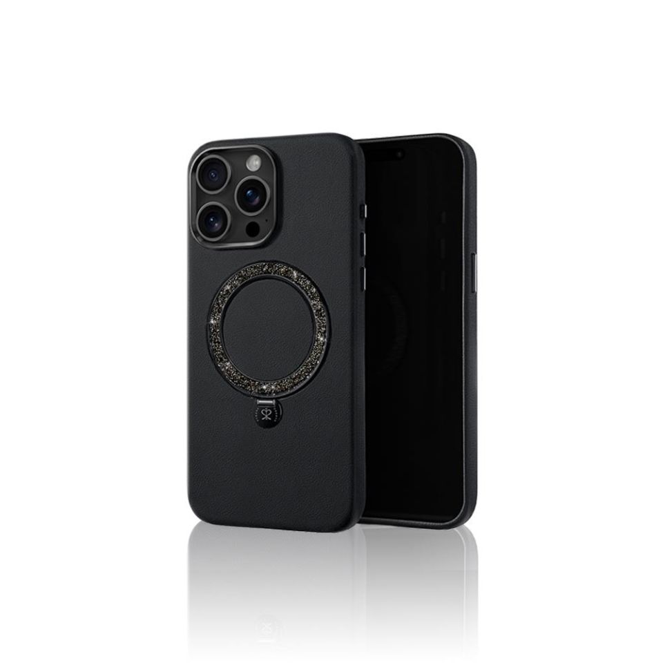 Apple iPhone 16 Pro Kılıf Magsafe Şarj Özellikli Standlı Suni Deri Tasarımlı Pynana Dancing Circle Serisi Kapak - Siyah