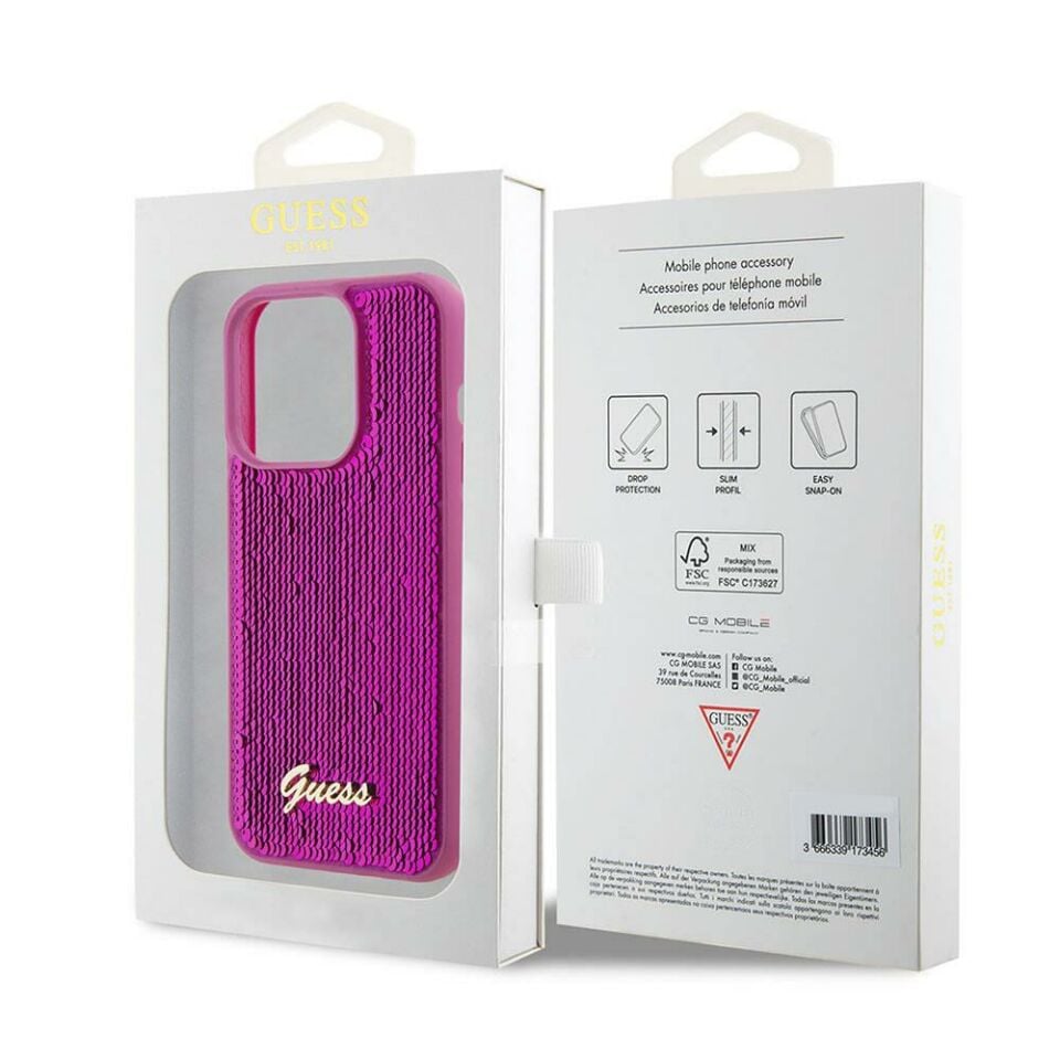 Apple iPhone 15 Pro Kılıf Guess Orjinal Lisanslı Pullu Arka Yüzey Metal Yazı Logolu Sequin Script Kapak - Fuşya