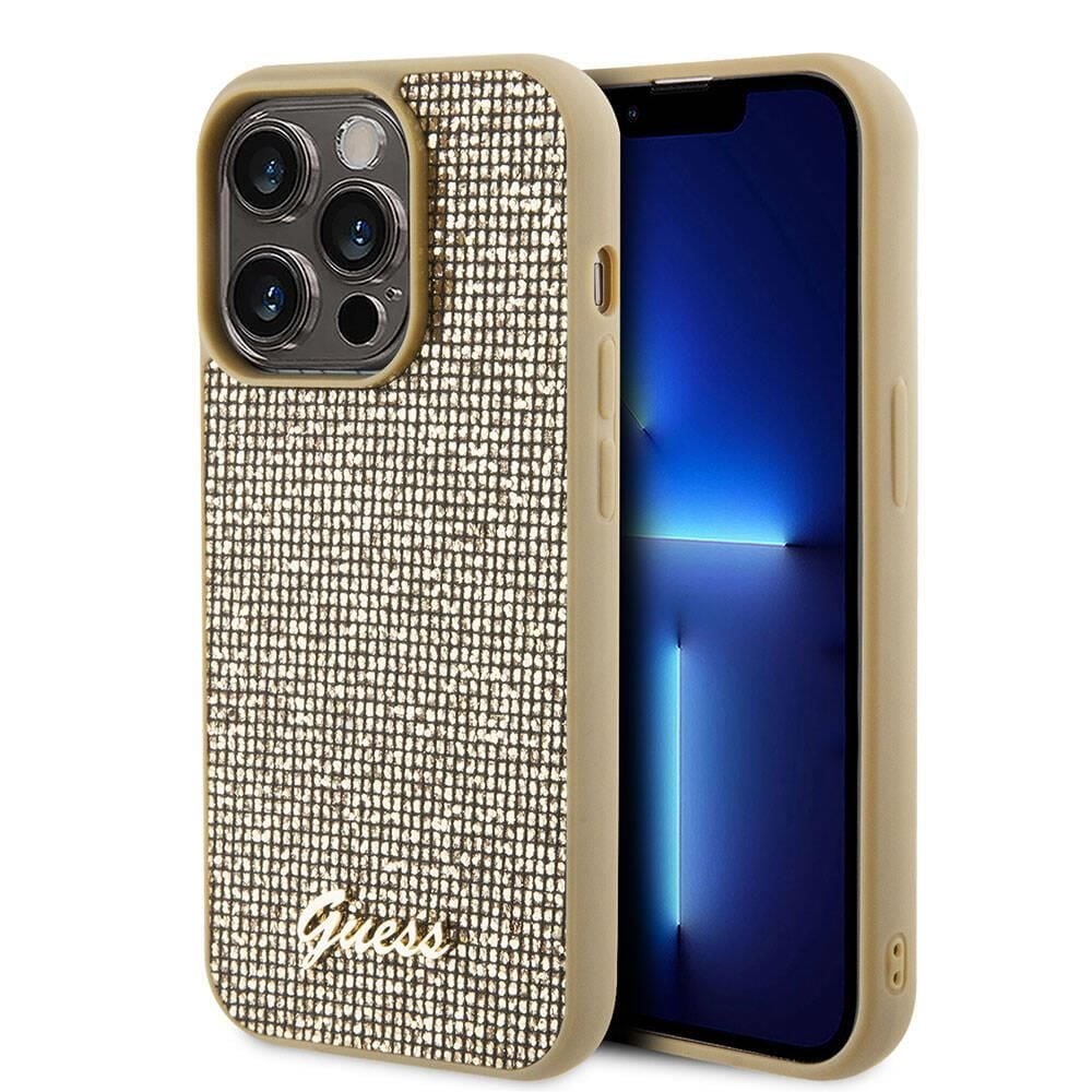 Apple iPhone 15 Pro Max Kılıf Guess Orjinal Lisanslı Yazı Logolu Disco Script Metal Kapak - Gold