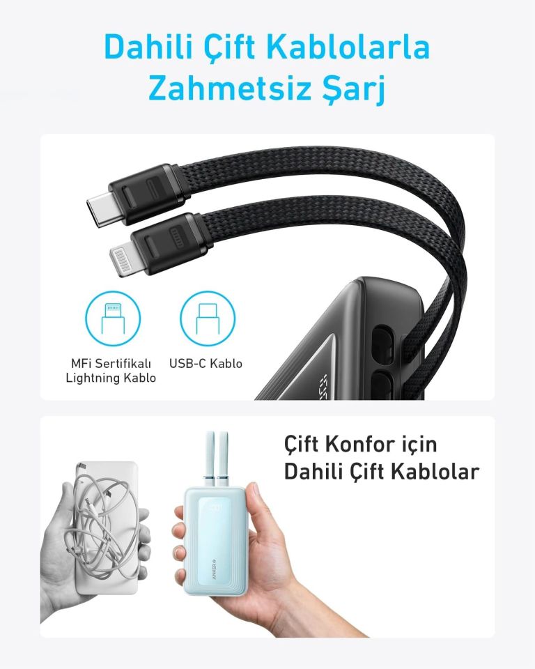 Anker Zolo Powerbank 20K 30W Dahili USB-C+Lightning Kablo Siyah