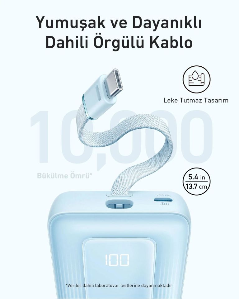 Anker Zolo Powerbank 10K 30W Dahili USB-C Kablo Siyah