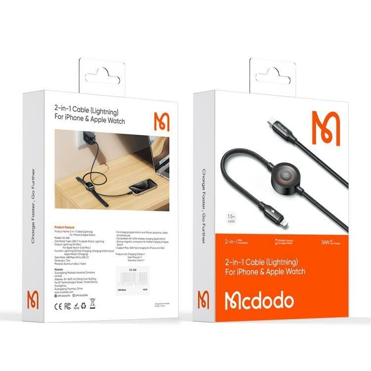 Mcdodo Ca-5680 36W 1 Lightning Ve 1 Watch Kablosuz Şarj Kablosu- Siyah