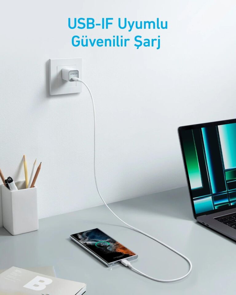 Anker 322 PowerLine USB-C to USB-C Örgülü Kablo 3ft 0.9m 60W Beyaz