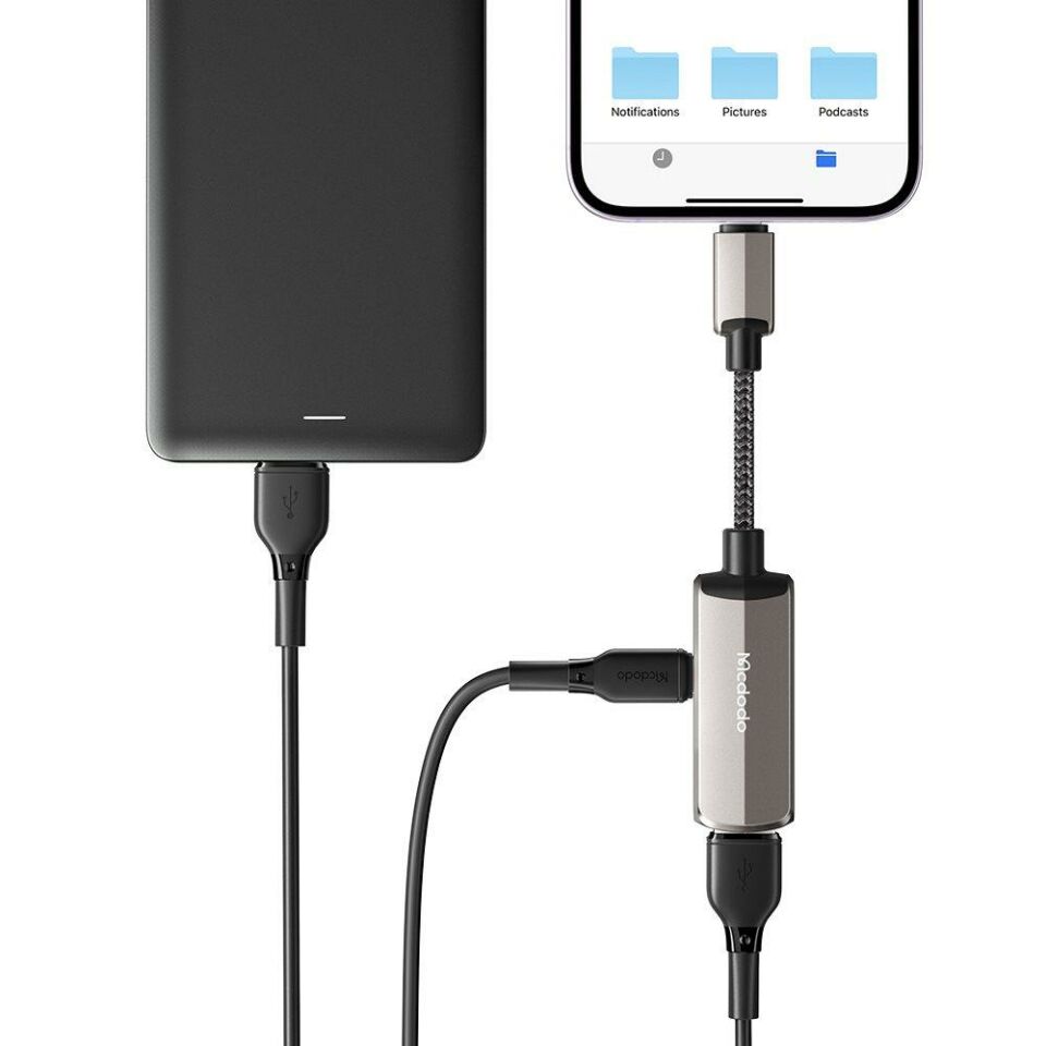 Mcdodo CA-2690 2İN 1 Lightning To USB-A 3.0 + Lightning Şarj Desteği Ve Veri Aktarım Cihazı - Koyu Gri