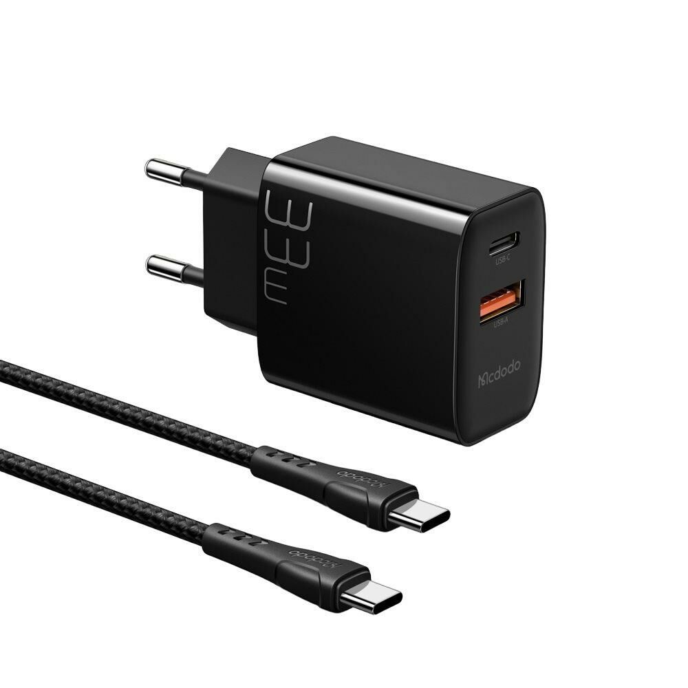 MCDODO CH-0922 33W 1xUSB 1xTYPE-C Girişli Hızlı Şarj Cihazı + Type-C To Type-C Kablo Seti 1.2m - Siyah