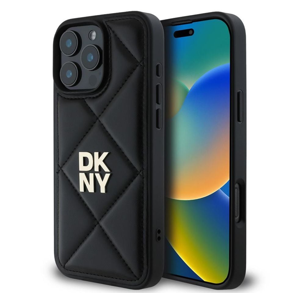 Apple iPhone 16 Pro Max Kılıf - DKNY Orijinal Lisanslı - Kapitone Tasarımlı - Metal Logolu - Deri Kapak - Siyah