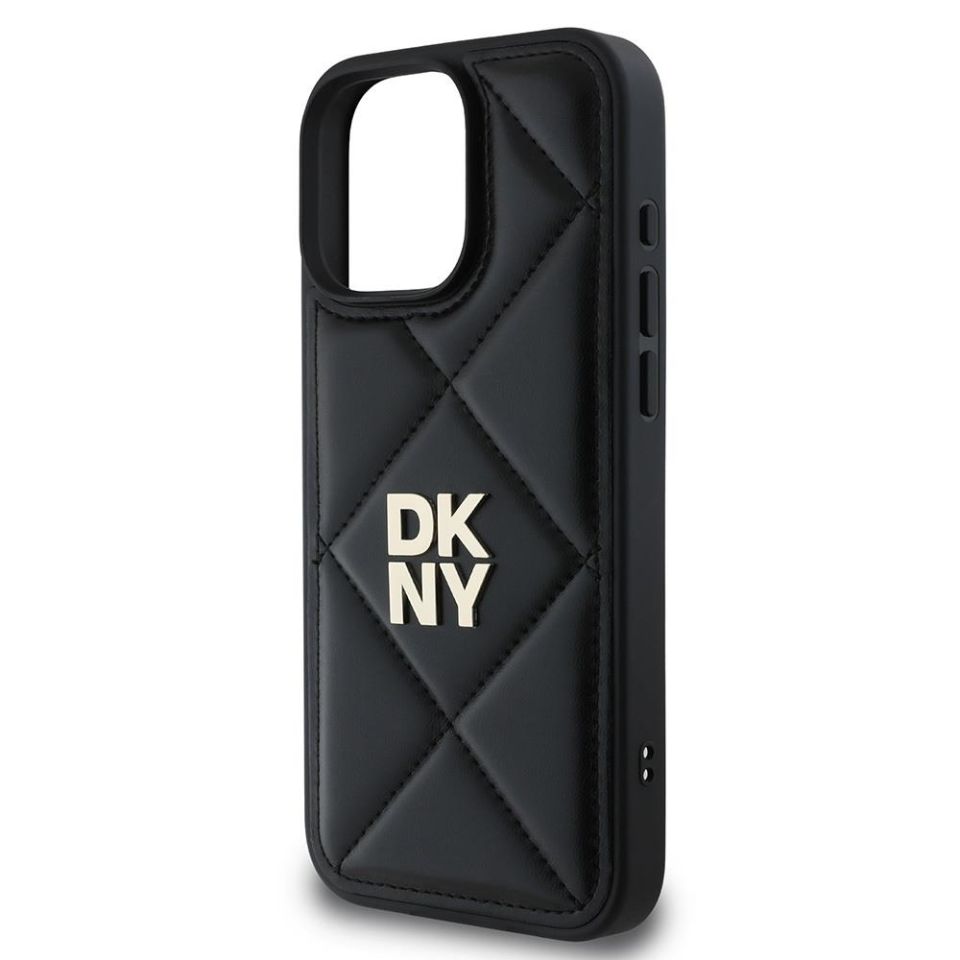 Apple iPhone 16 Pro Max Kılıf - DKNY Orijinal Lisanslı - Kapitone Tasarımlı - Metal Logolu - Deri Kapak - Siyah