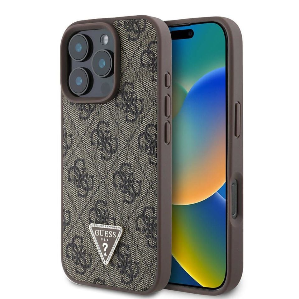 Apple iPhone 16 Pro Kılıf - Guess Orijinal Lisanslı - PU Deri - 4G Desenli -  Taşlı Üçgen Logolu Kapak - Kahverengi