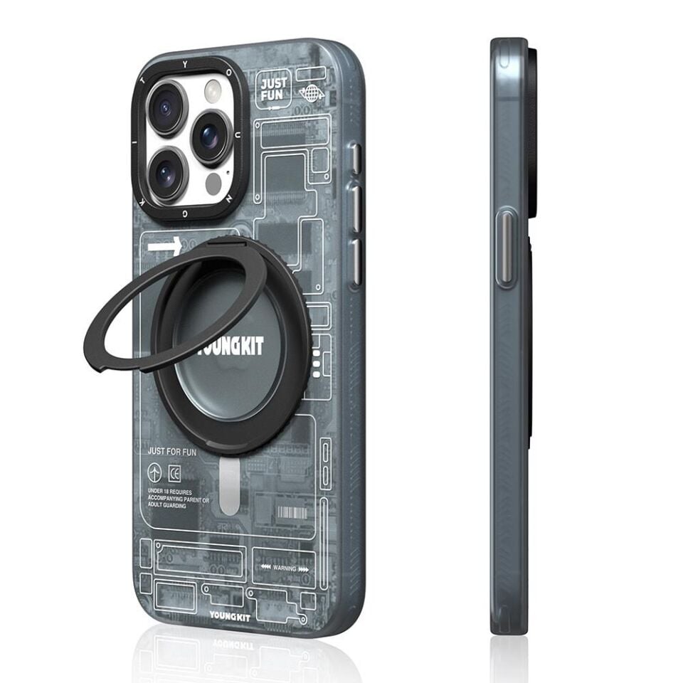 Apple iPhone 15 Pro Kılıf - Magsafe Şarj Özellikli - Youngkit 360° Standlı Technology Serisi Kapak - Gri