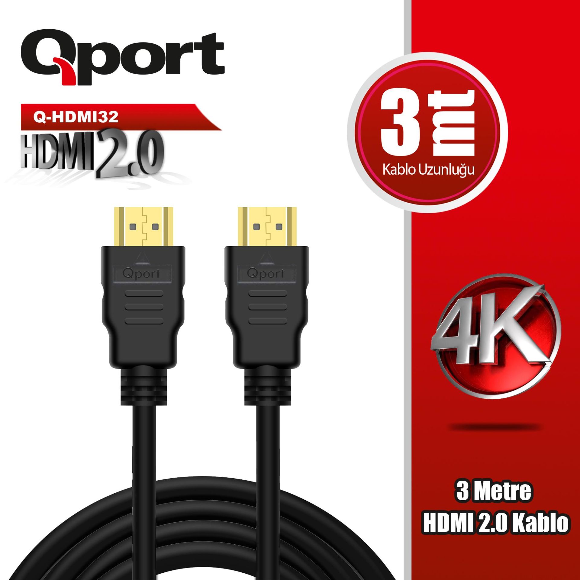 Qport Q-HDMI32 Altın Uçlu 3 Metre 4K HDMI2.0 Kablo