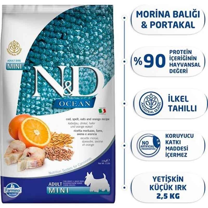 N&D OCEAN AG MORINA PORTAKAL YETİŞKİN MINI 2,5 KG KÖPEK MAMASI