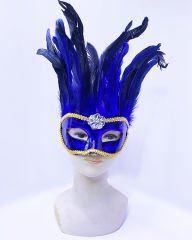 Huramarketing Mavi Renk Ekstra Bol Kuş Tüylü Sarı Dantelli Venedik Maskesi 30x19 cm
