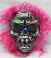 Huramarketing Parti Aksesuar Pembe Saçlı Led Işıklı Kuru Kafa İskelet Korku Maskesi 22x25 cm