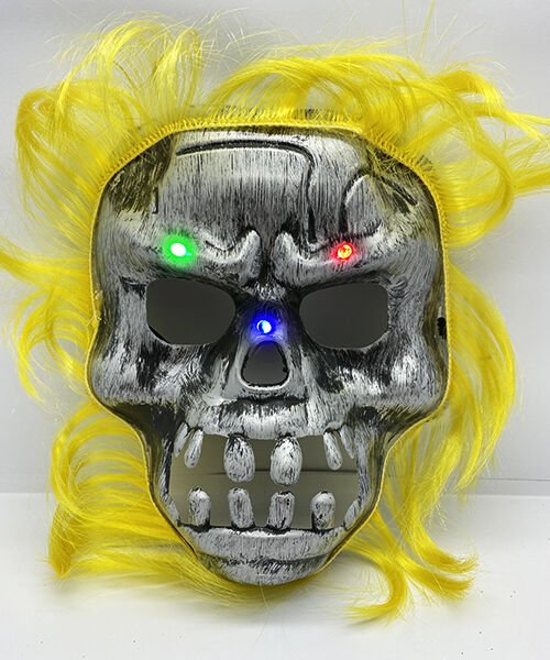 Huramarketing Parti Aksesuar Sarı Saçlı Led Işıklı Kuru Kafa İskelet Korku Maskesi 22x25 cm