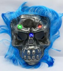 Huramarketing Parti Aksesuar Mavi Saçlı Led Işıklı Kuru Kafa İskelet Korku Maskesi 22x25 cm