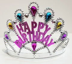 Huramarketing Parti Aksesuar Gümüş Renk Happy Birthday Yazılı Doğum Günü Tacı 60 cm
