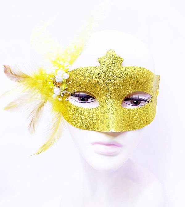 Huramarketing Sim İşlemeli İnci Boncuk Detaylı Tüylü Balo Maskesi Altın Renk 13x18 cm