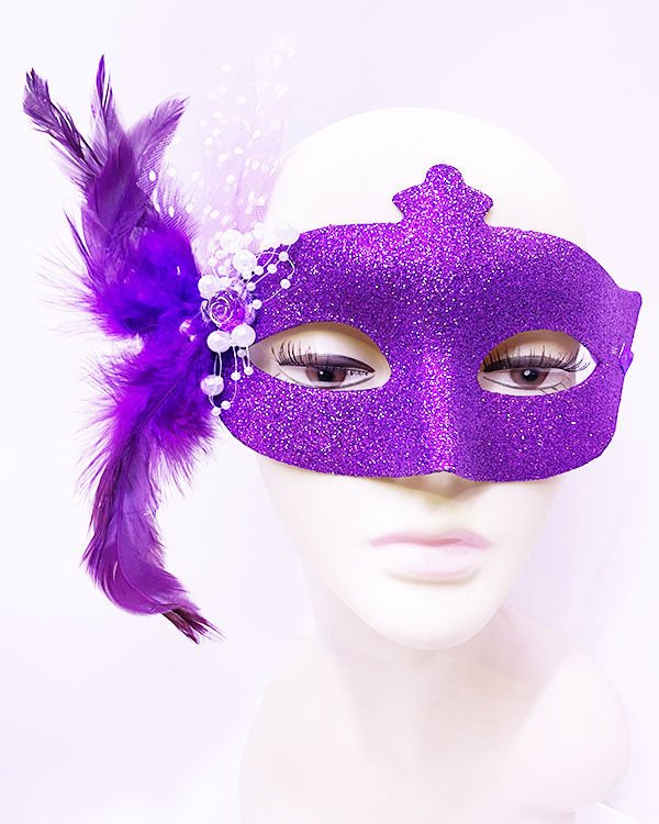 Huramarketing Parti Aksesuar Sim İşlemeli İnci Boncuk Detaylı Tüylü Balo Maskesi Mor Renk 13x18 cm