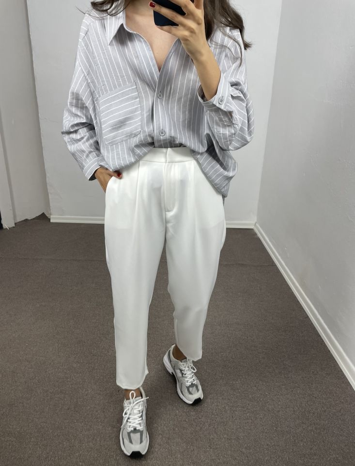 Beyaz Beli Lastikli Havuç Pantolon