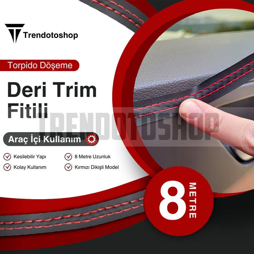 8 Metre Deri Trim Fitili Kırmızı Dikişli