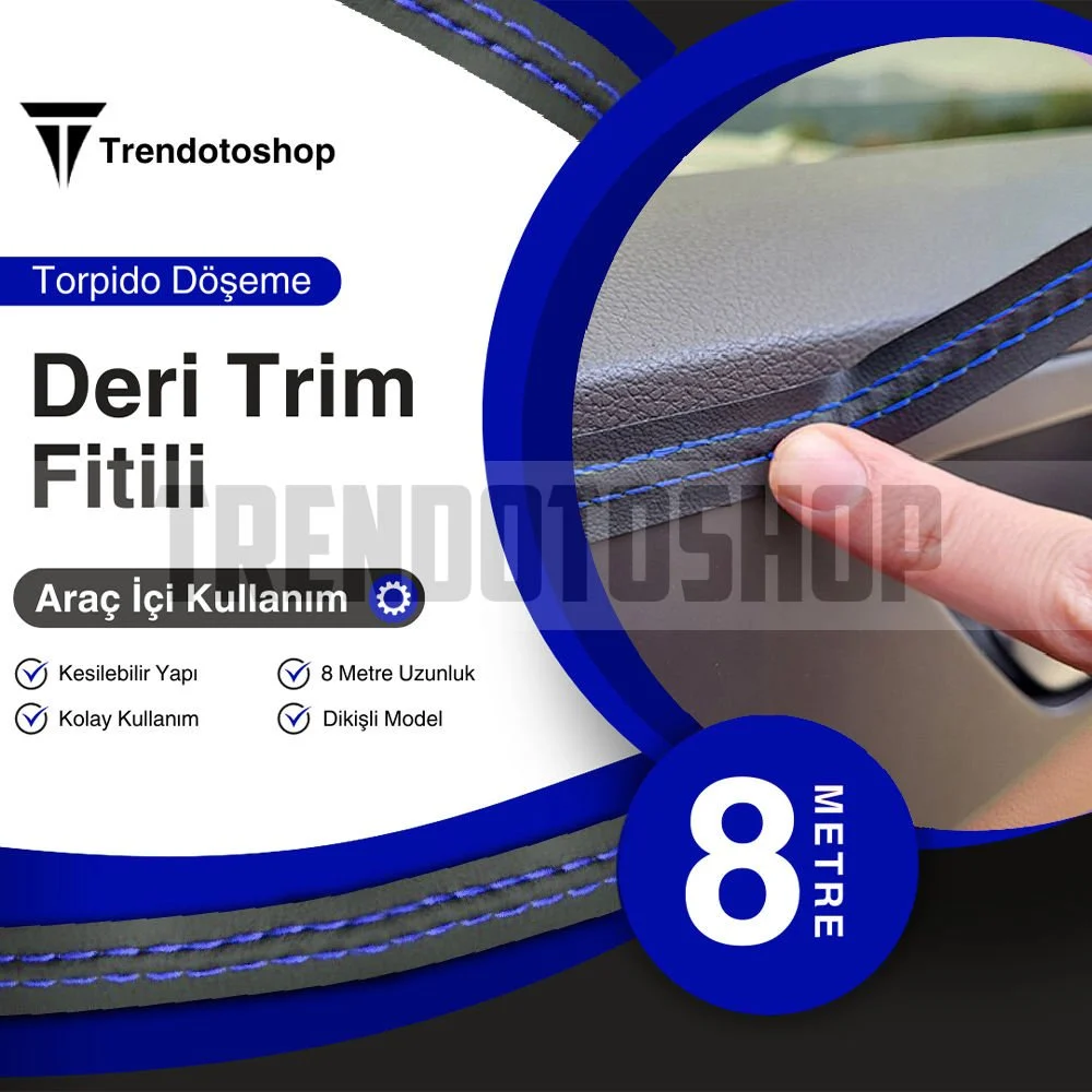 8 Metre Deri Trim Fitili Mavi Dikişli