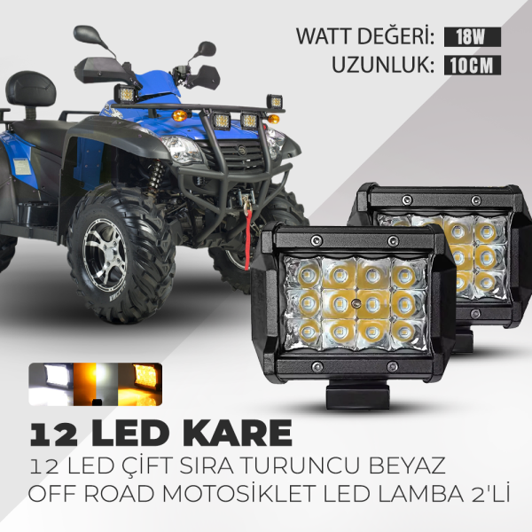 18W 12 Led Çift Sıra Turuncu Beyaz Off Road Led Lamba 2'li