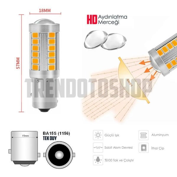 P21W BA15S Stop Sinyal Geri Vites Ampulü 33 LED 2 adet ÇİFT DUY TURUNCU