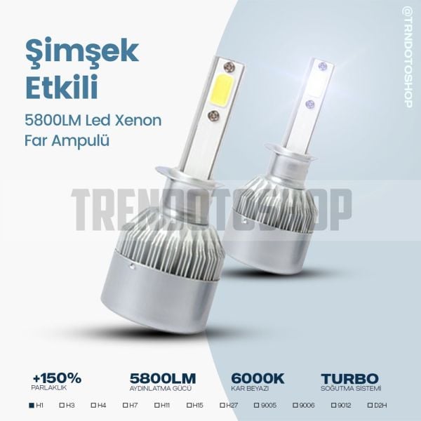 C6 Led Xenon Far Ampulü Şimşek Etkili 5800LM Chip on Board 6000K Kar Beyazı H1