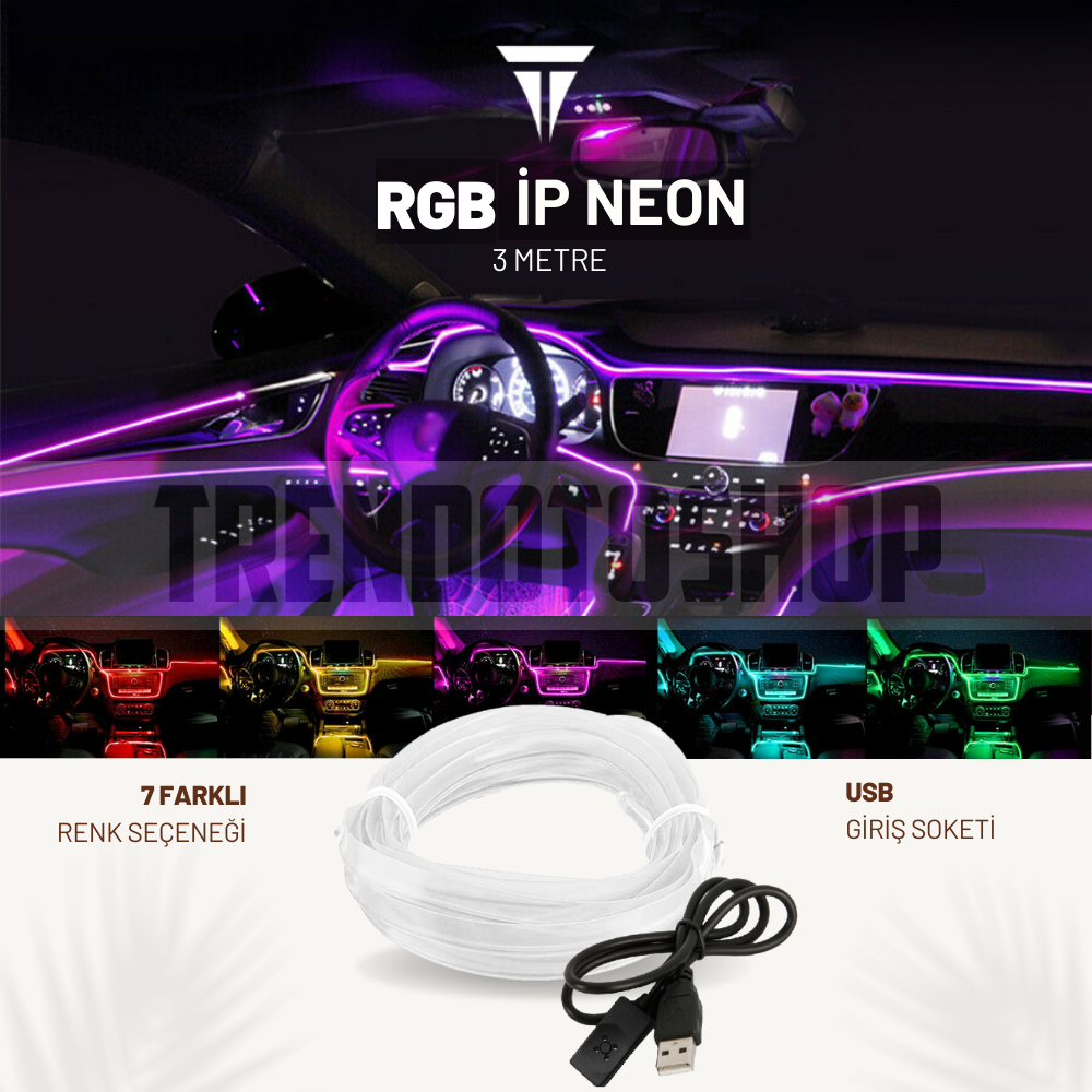 RGB Araç Içi Atmosfer Ambiyans İp Neon Torpido Led 3 Metre USB Girişli