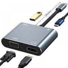 4in1 Dönüştürücü Hub 111 Gri Newface- TYPE-C,HDMI,VGA,USB 3.0,PD