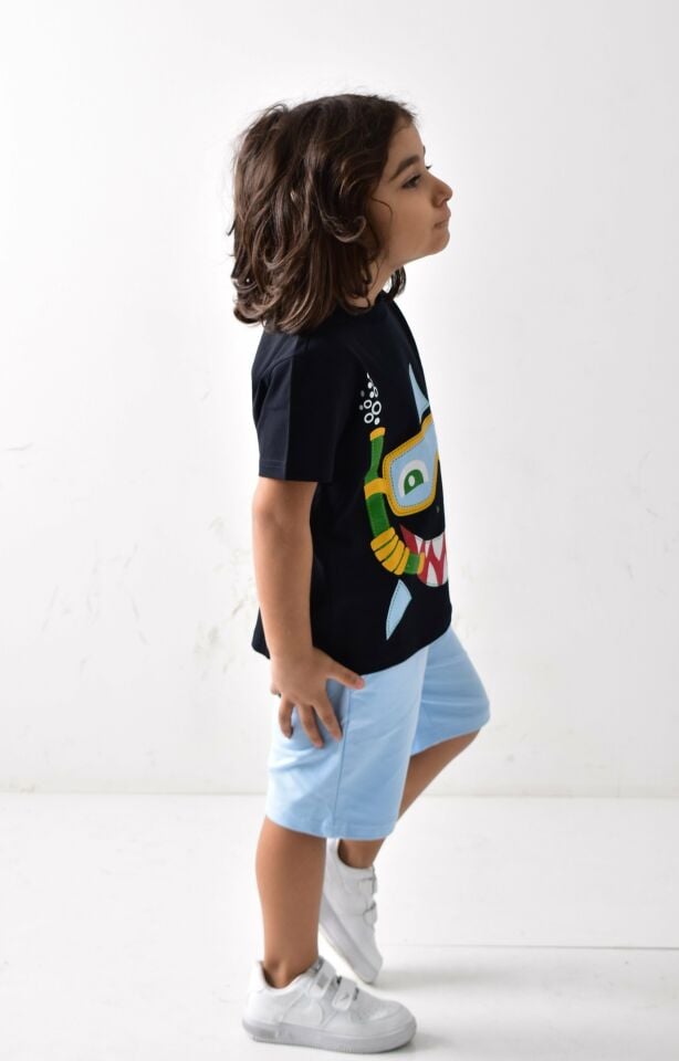 Erkek Çocuk Baskılı T-shirt Şort Takımı Lacivert-Mavi - 9-10 Yaş