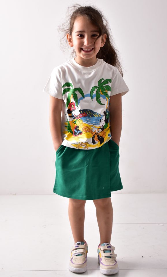 Kız Çocuk Baskılı T-shirt Şort-Etek Takımı Beyaz-Yeşil - 3-4 Yaş