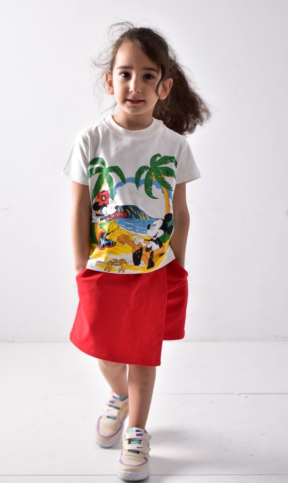 Kız Çocuk Baskılı T-shirt Şort-Etek Takımı Beyaz-Kırmızı - 9-10 Yaş