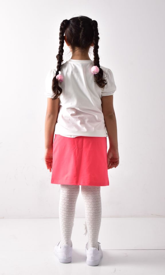 Kız Çocuk Baskılı T-shirt-Etek Takımı Beyaz-Pembe - 9-10 Yaş