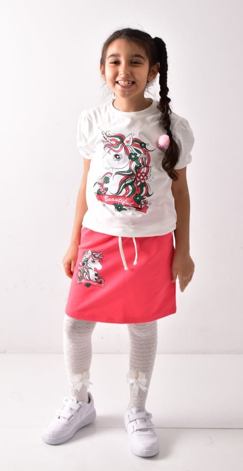 Kız Çocuk Baskılı T-shirt-Etek Takımı Beyaz-Pembe - 9-10 Yaş