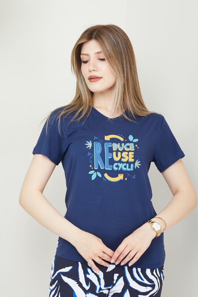 Kadın Reduce Reuse Rcycle Baskılı V Yaka T-shirt S