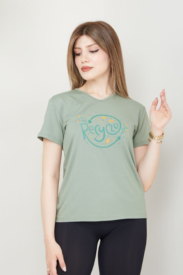 Kadın Recycle Baskılı V Yaka T-shirt Koyu Yeşil - XXL