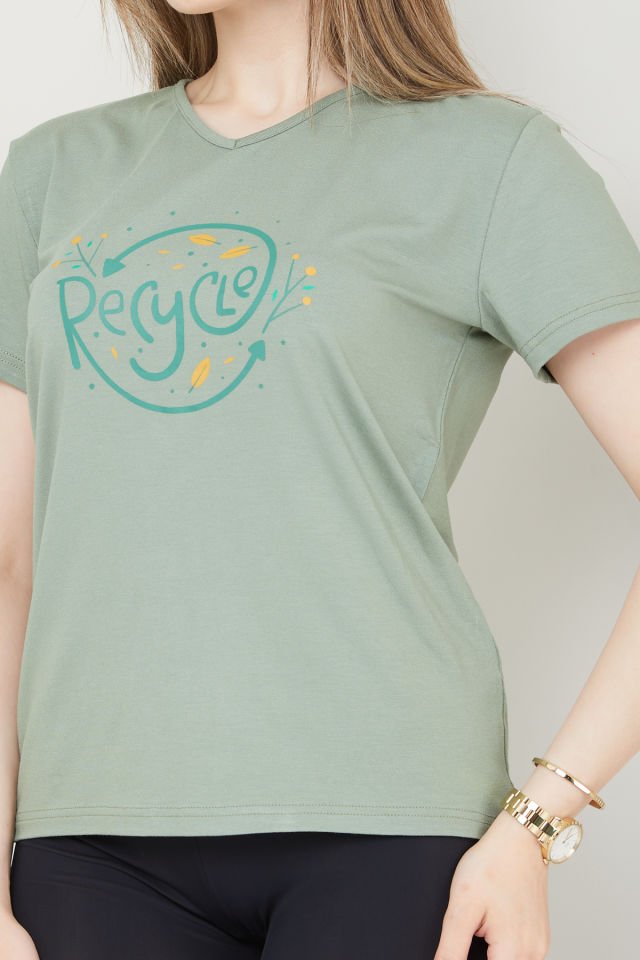 Kadın Recycle Baskılı V Yaka T-shirt Koyu Yeşil - XXL