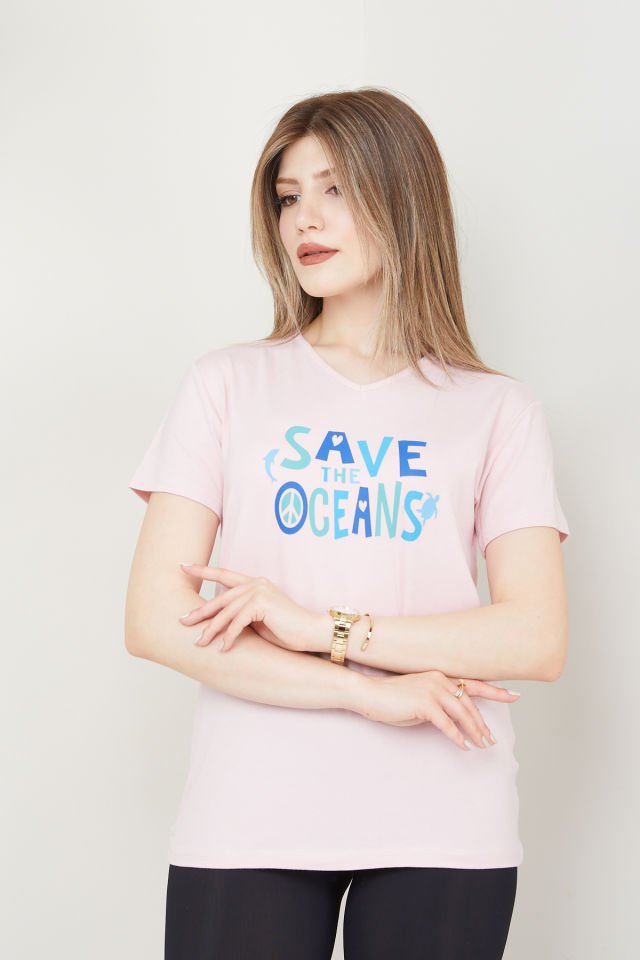 Kadın Save the Oceans Baskılı V Yaka T-shirt XL - Pembe