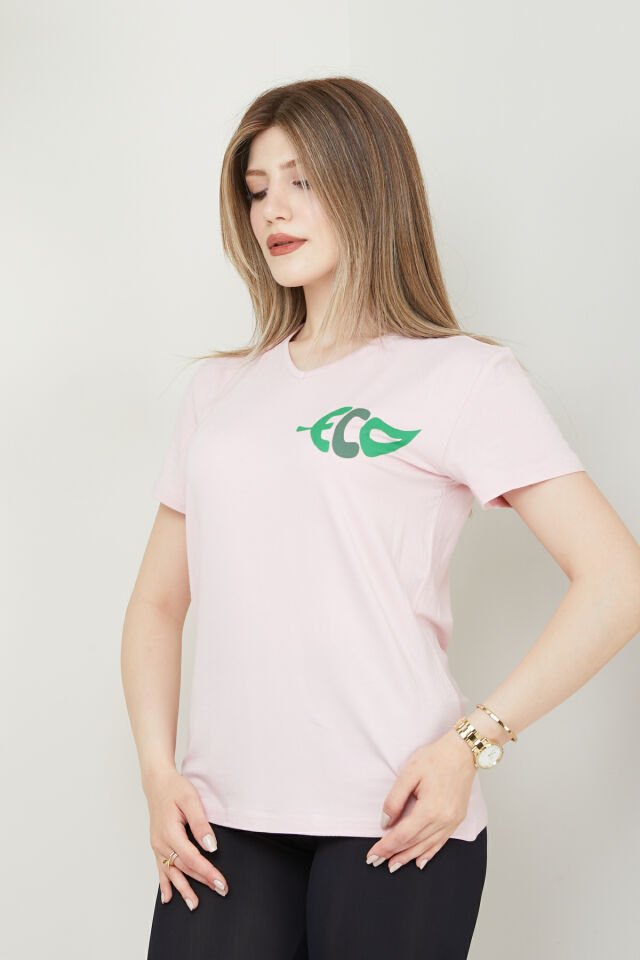 Kadın Ekolojik Baskılı V Yakalı Basic T-shirt S