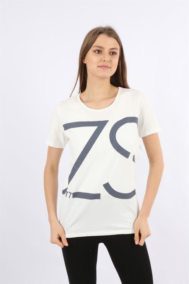 Beyaz Baskılı Bisiklet Yaka Kısa Kollu T-shirt XL
