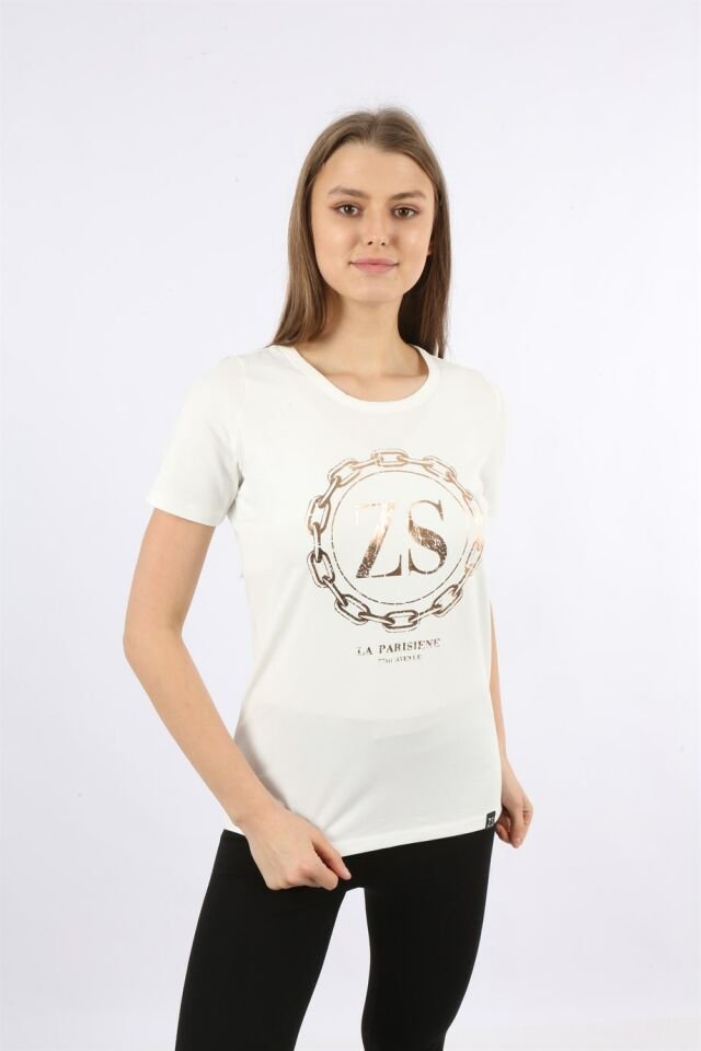 Beyaz Baskılı Bisiklet Yaka Kısa Kollu T-shirt S