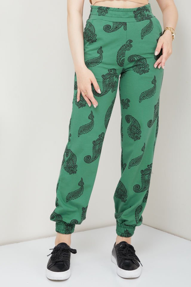 Etnik Desenli Dar Paçalı Jogger Pantolon XL - Yeşil-Siyah