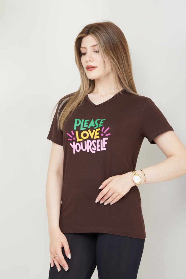 Kadın Please Love Yourself Baskılı V Yakalı T-shirt S