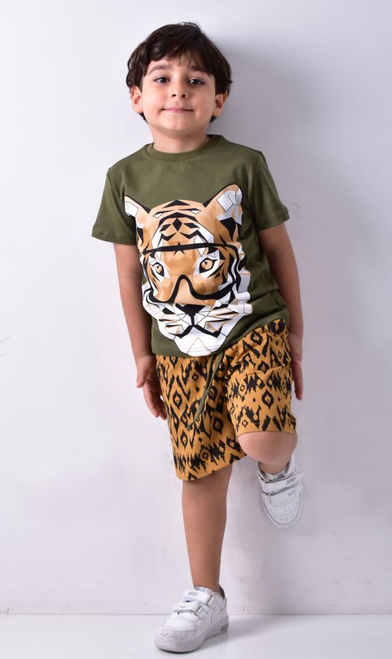Erkek Çocuk Kaplan Baskılı T-shirt Şort Takım 9-10 Yaş - Haki