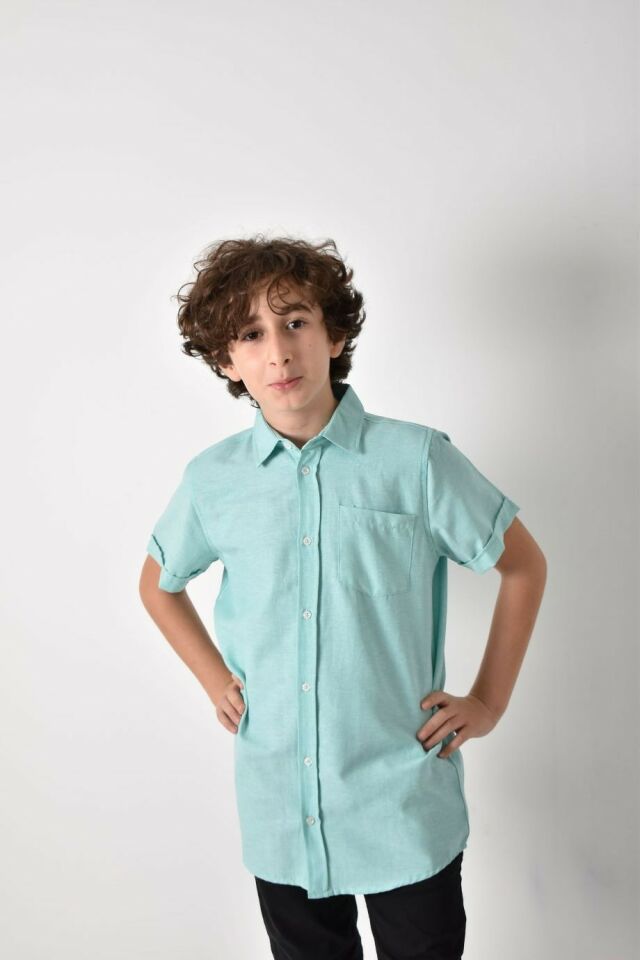 Erkek Çocuk Kısa Kollu Basıc Gömlek Su Yeşili - 11-12 Yaş