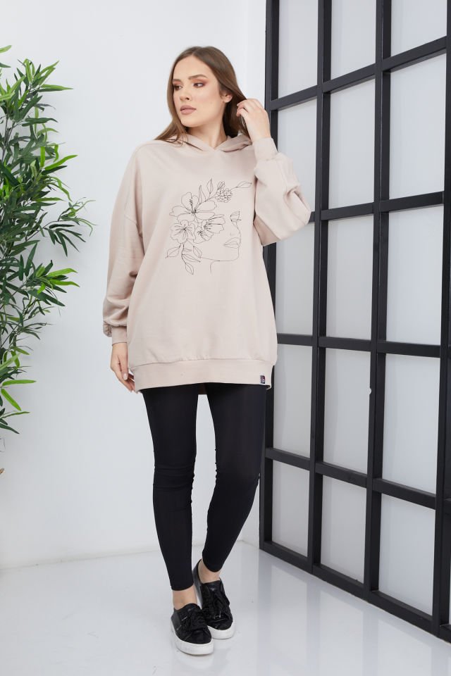 Kadın Line Art Baskılı Oversize Sweatshirt Oversize - Somon