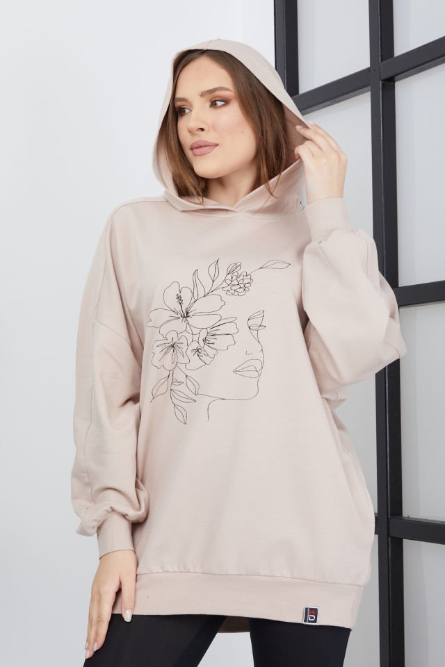 Kadın Line Art Baskılı Oversize Sweatshirt Oversize - Somon